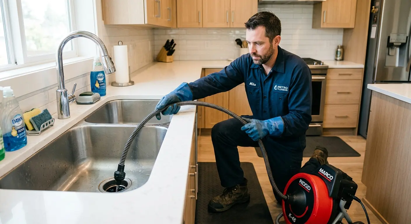 Drain cleaning technician using a motorized snake on a kitchen sink in Atwater