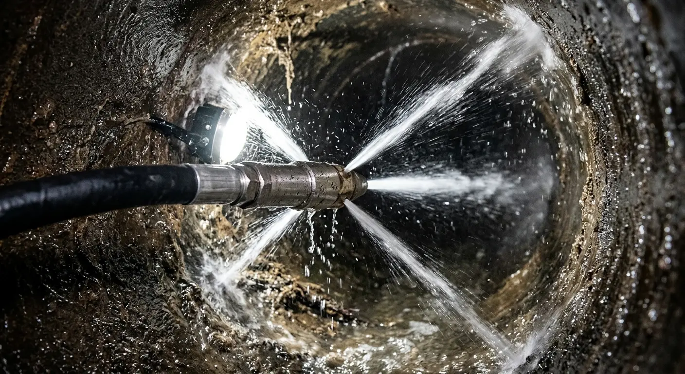 High-pressure hydro jetting nozzle cleaning sewer pipe for Sewer Cleanout in Atwater