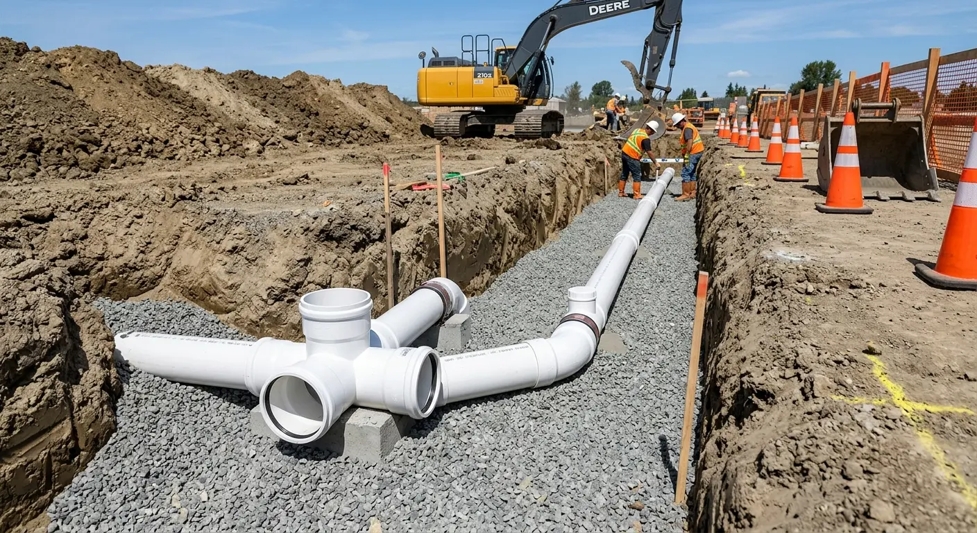 New PVC sewer pipe installation in open trench for Sewer Backup in Atwater